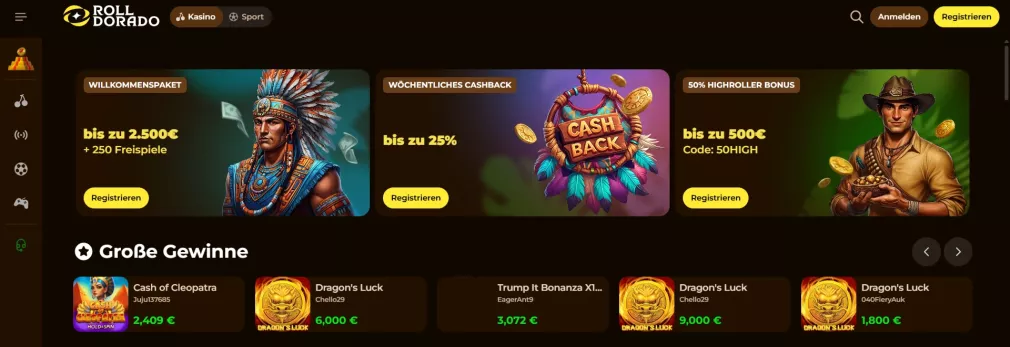 Rolldorado Casino Willkommensbonus 1500 Euro und 250 Freispiele